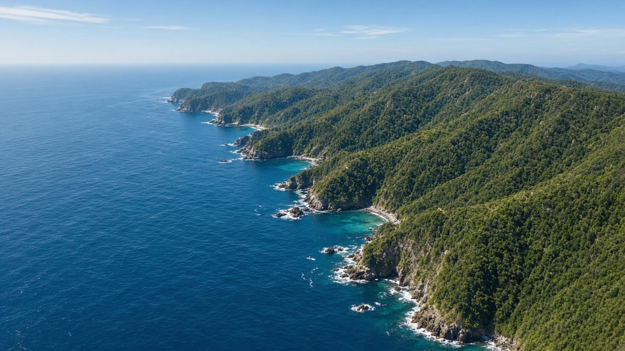 Aerial view of a green coastline and deep blue water